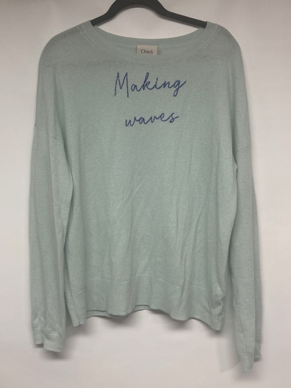 Charli Men’s Mint Cashmere Crewneck Sweater with Navy Script